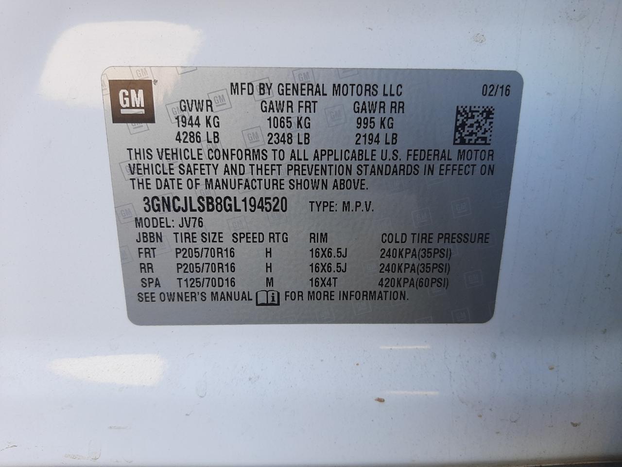 Photo 10 from auction – 2016 CHEVROLET TRAX 1LT with VIN 3GNCJLSB8GL194520