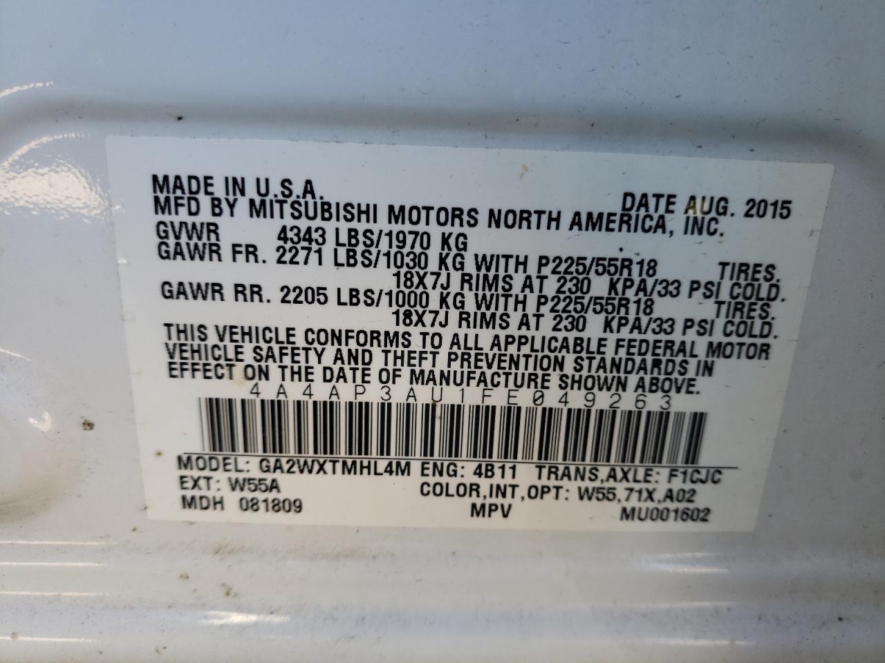 Photo 10 from auction – 2015 MITSUBISHI OUTLANDER with VIN 4A4AP3AU1FE049263