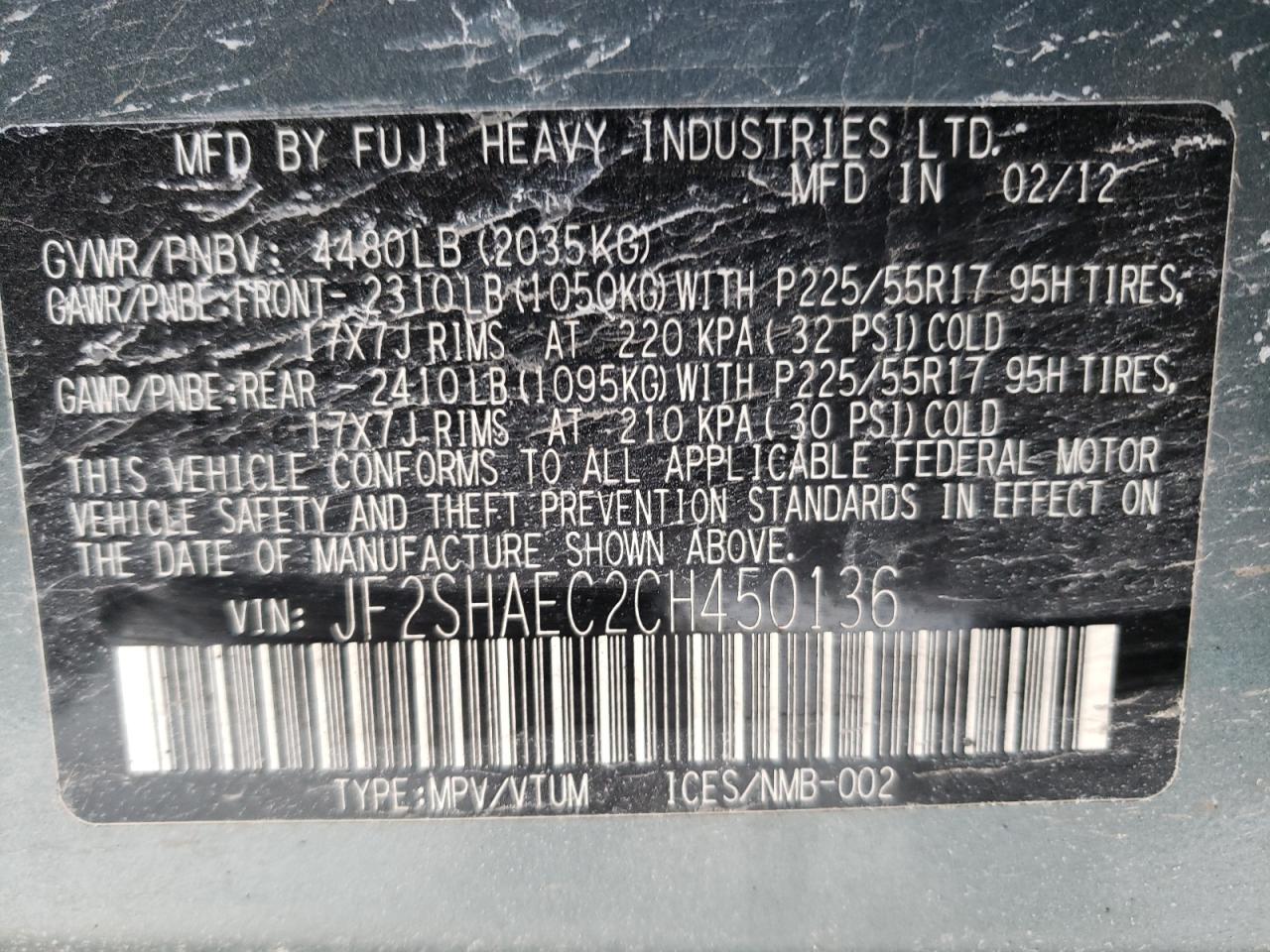Photo 10 from auction – 2012 SUBARU FORESTER L with VIN JF2SHAEC2CH450136