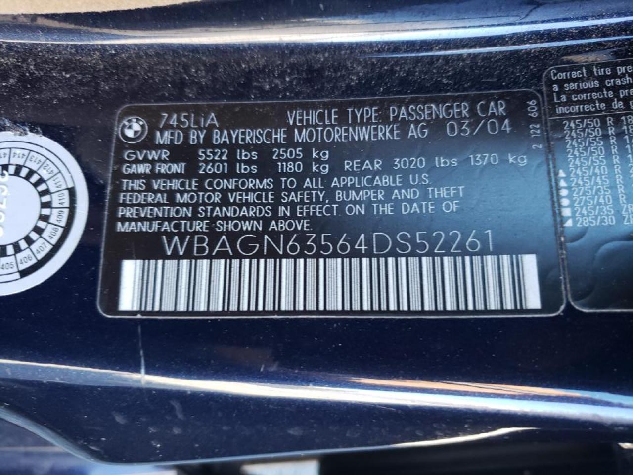 Photo 10 from auction – 2004 BMW 745 LI with VIN WBAGN63564DS52261