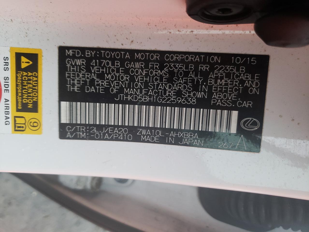 Photo 10 from auction – 2016 LEXUS CT 200 with VIN JTHKD5BH1G2259638