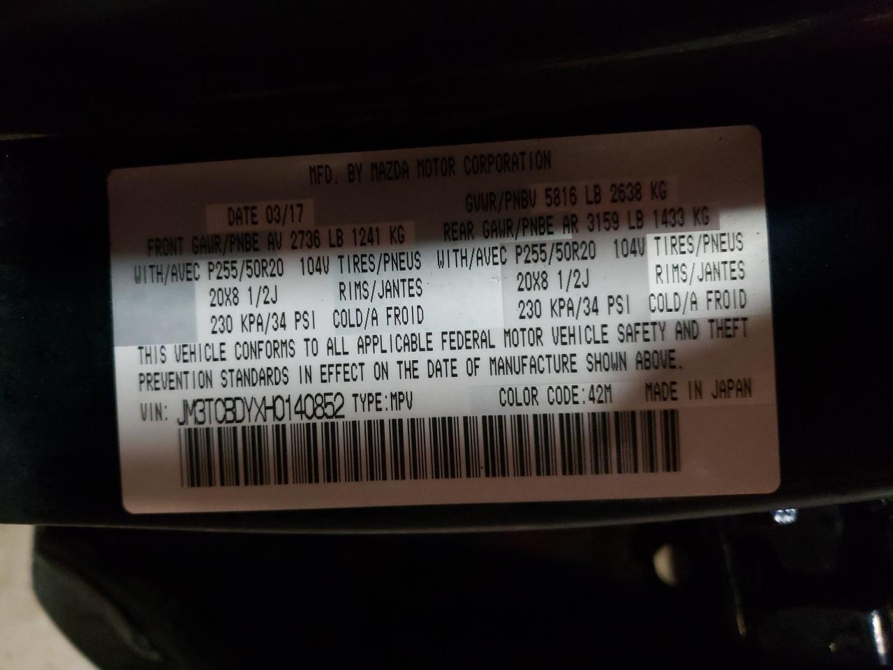 Photo 10 from auction – 2017 MAZDA CX-9 GRAND with VIN JM3TCBDYXH0140852