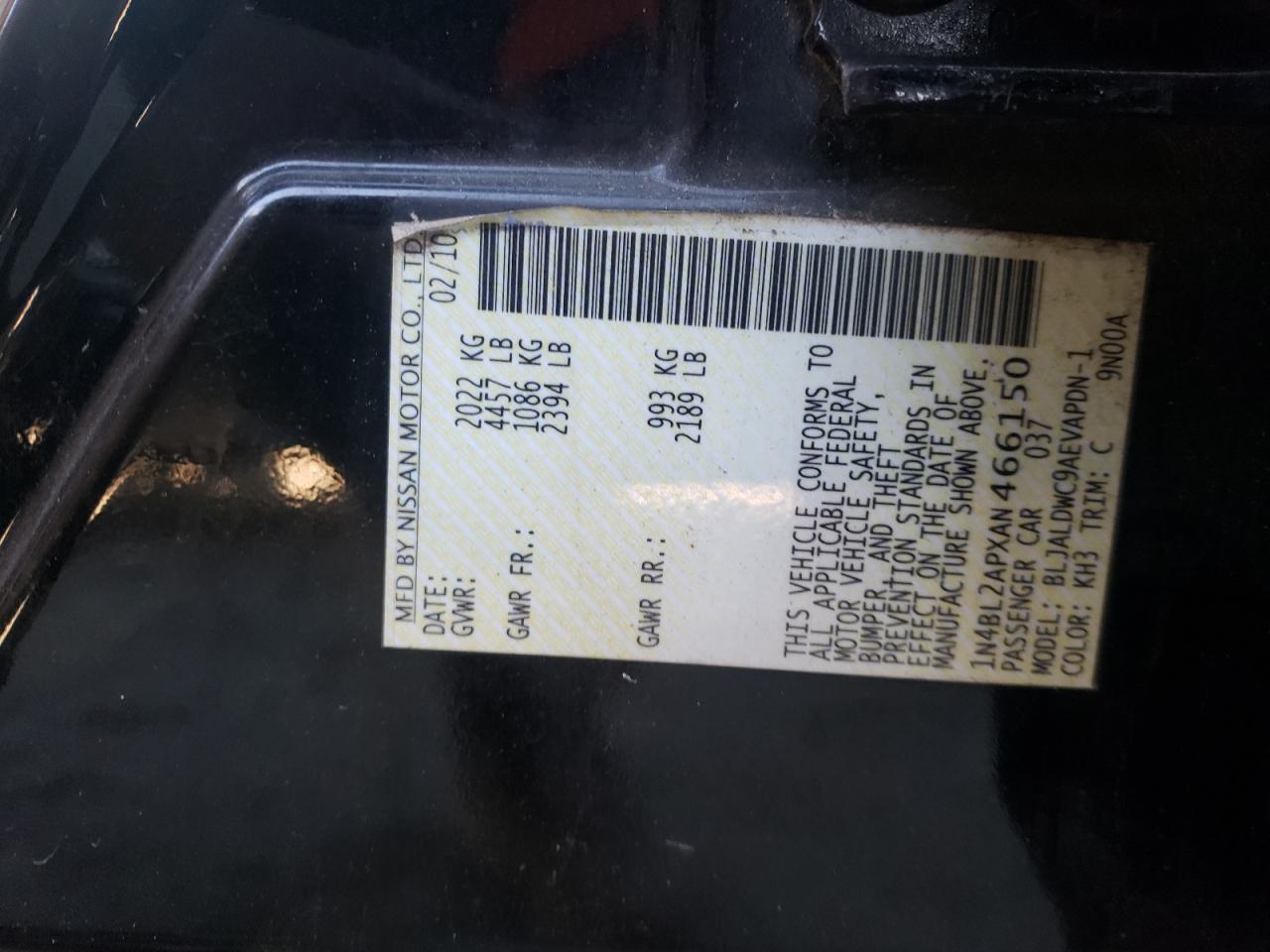 Photo 10 from auction – 2010 NISSAN ALTIMA SR with VIN 1N4BL2APXAN466150