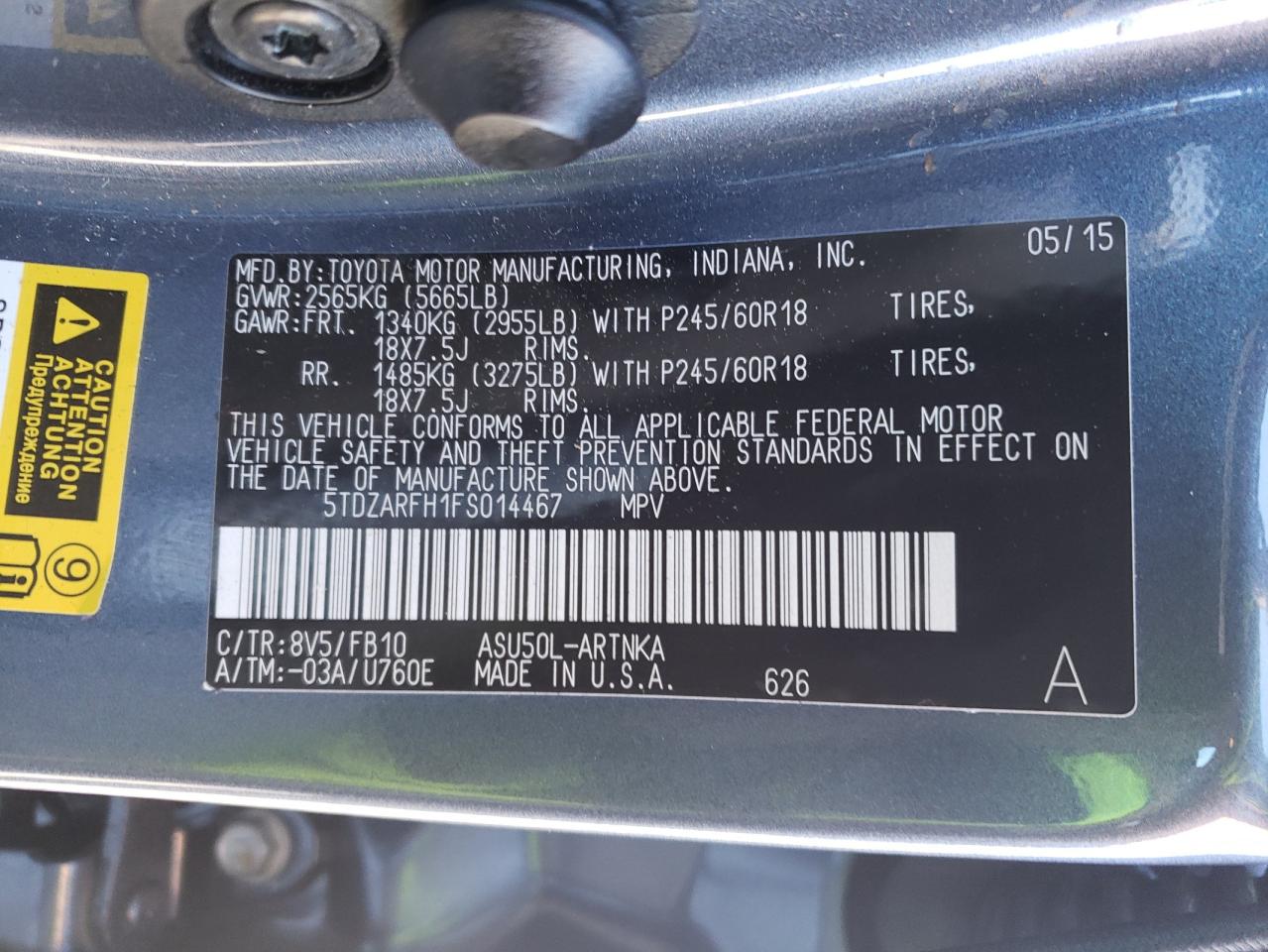 Photo 10 from auction – 2015 TOYOTA HIGHLANDER with VIN 5TDZARFH1FS014467
