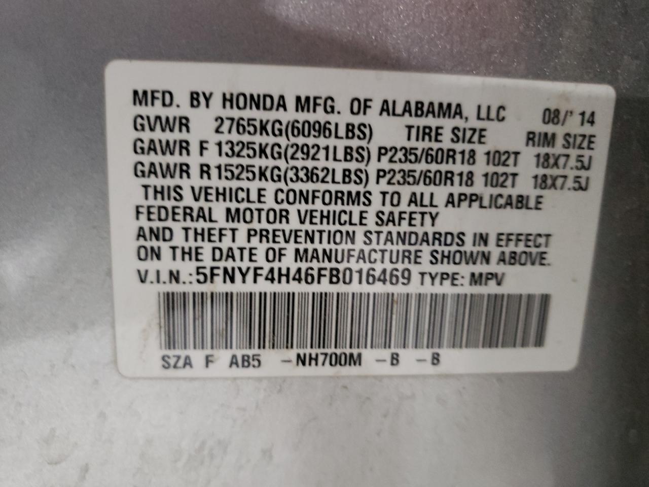Photo 10 from auction – 2015 HONDA PILOT EX with VIN 5FNYF4H46FB016469