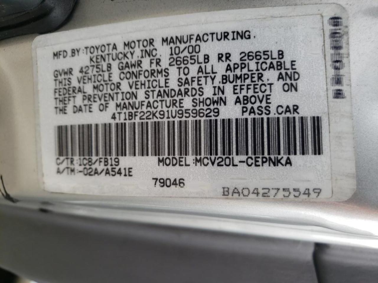 Photo 10 from auction – 2001 TOYOTA CAMRY LE with VIN 4T1BF22K91U959629