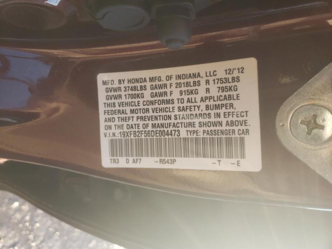 Photo 10 from auction – 2013 HONDA CIVIC LX with VIN 19XFB2F56DE004473