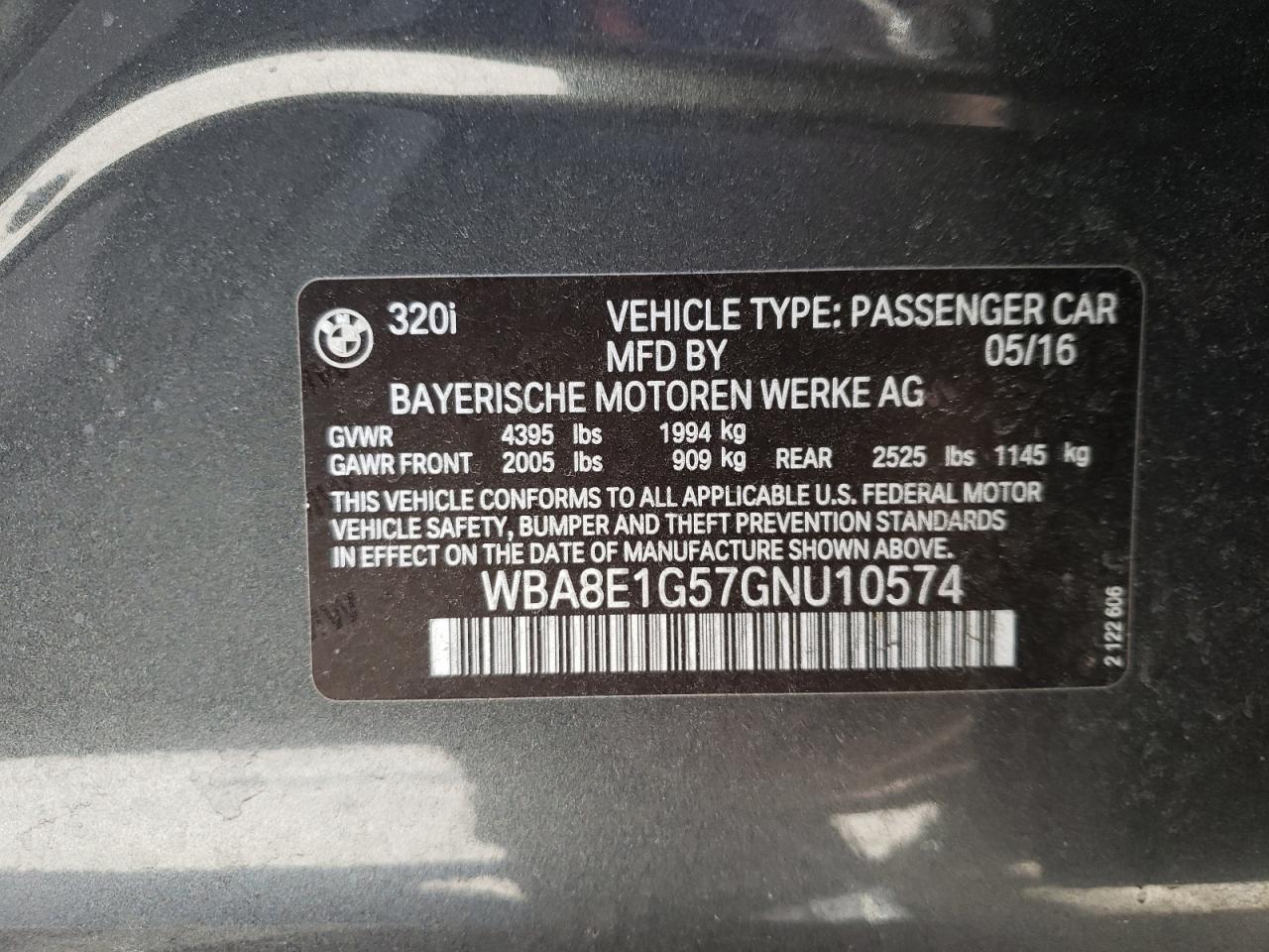 Photo 10 from auction – 2016 BMW 320 I with VIN WBA8E1G57GNU10574