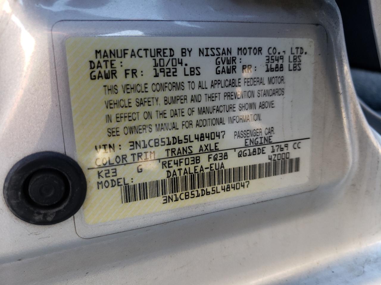 Photo 10 from auction – 2005 NISSAN SENTRA 1.8 with VIN 3N1CB51D65L484047