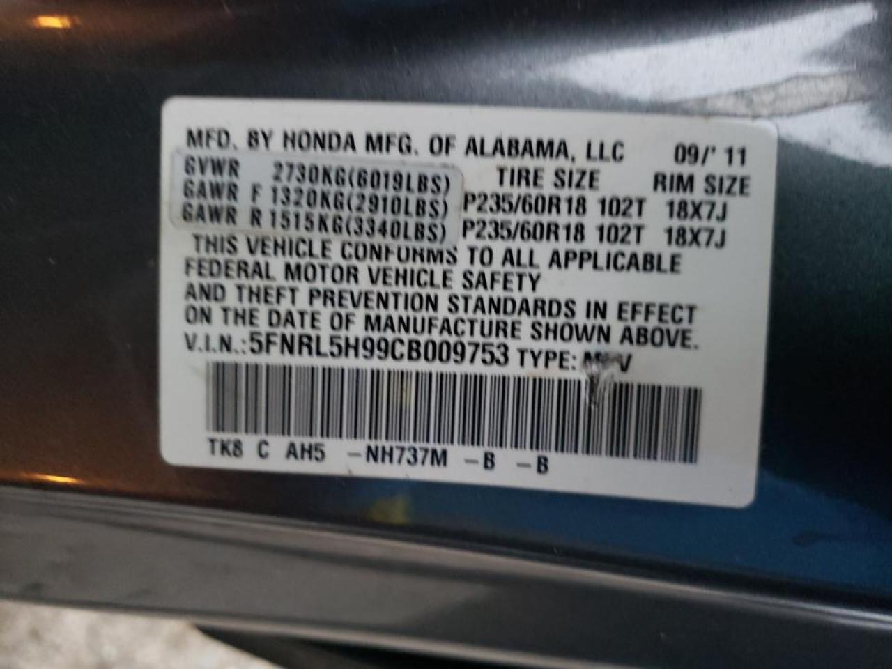 Photo 10 from auction – 2012 HONDA ODYSSEY TO with VIN 5FNRL5H99CB009753