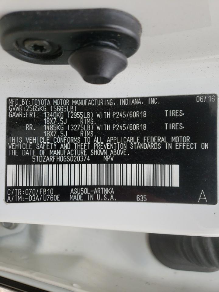 Photo 10 from auction – 2016 TOYOTA HIGHLANDER with VIN 5TDZARFH0GS020374