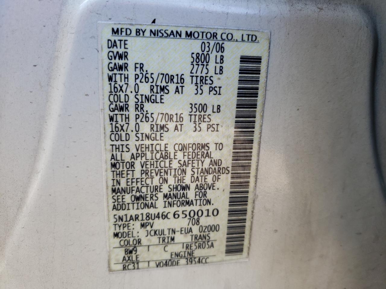 Photo 10 from auction – 2006 NISSAN PATHFINDER with VIN 5N1AR18U46C650010