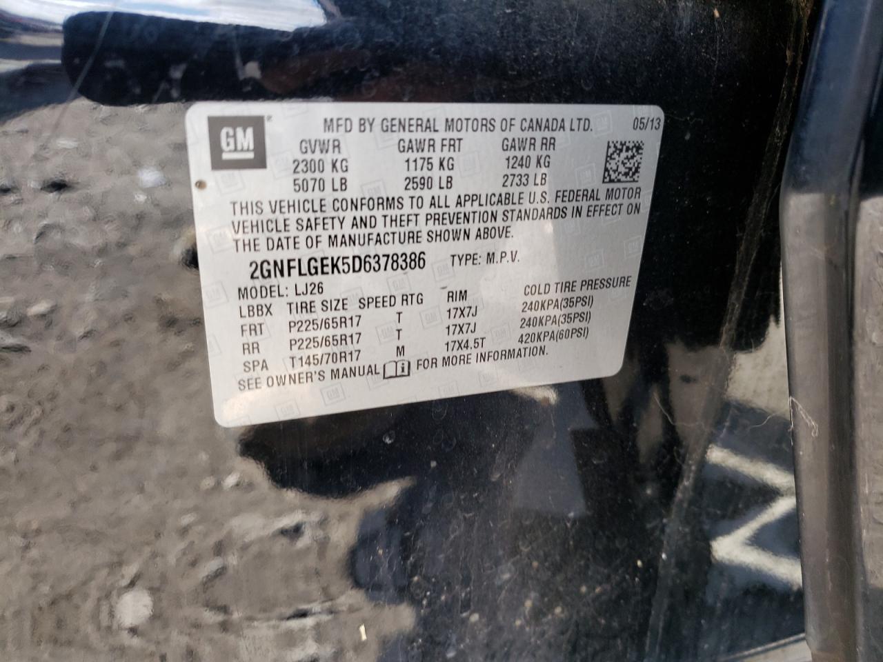 Photo 10 from auction – 2013 CHEVROLET EQUINOX LT with VIN 2GNFLGEK5D6378386