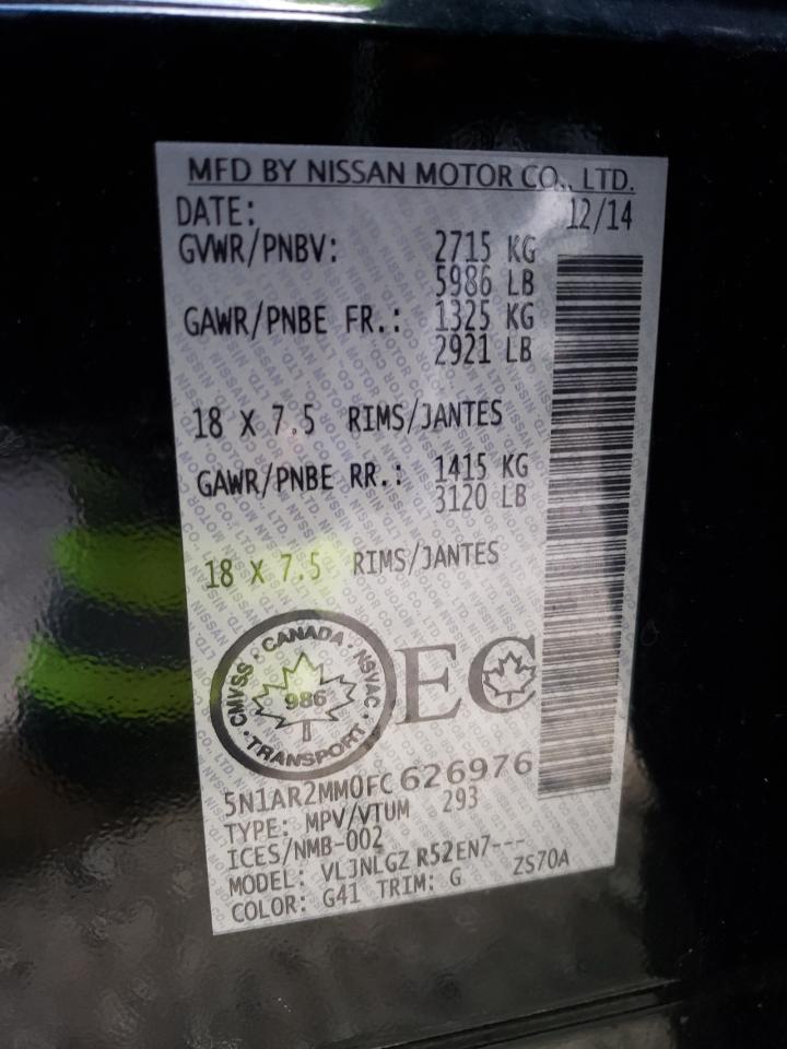 Photo 10 from auction – 2015 NISSAN PATHFINDER with VIN 5N1AR2MM0FC626976