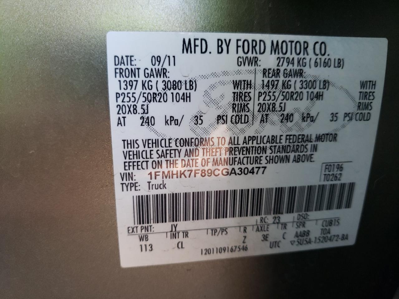 Photo 10 from auction – 2012 FORD EXPLORER L with VIN 1FMHK7F89CGA30477