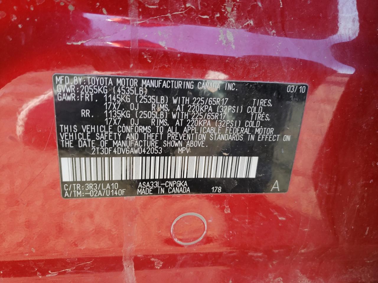 Photo 10 from auction – 2010 TOYOTA RAV4 LIMIT with VIN 2T3DF4DV6AW042053