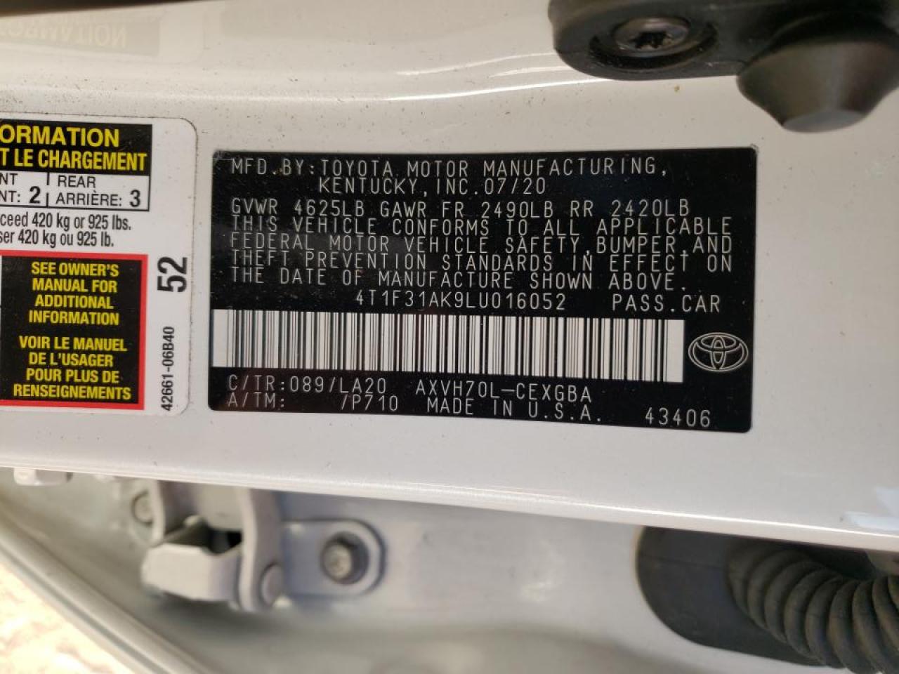 Photo 10 from auction – 2020 TOYOTA CAMRY XLE with VIN 4T1F31AK9LU016052