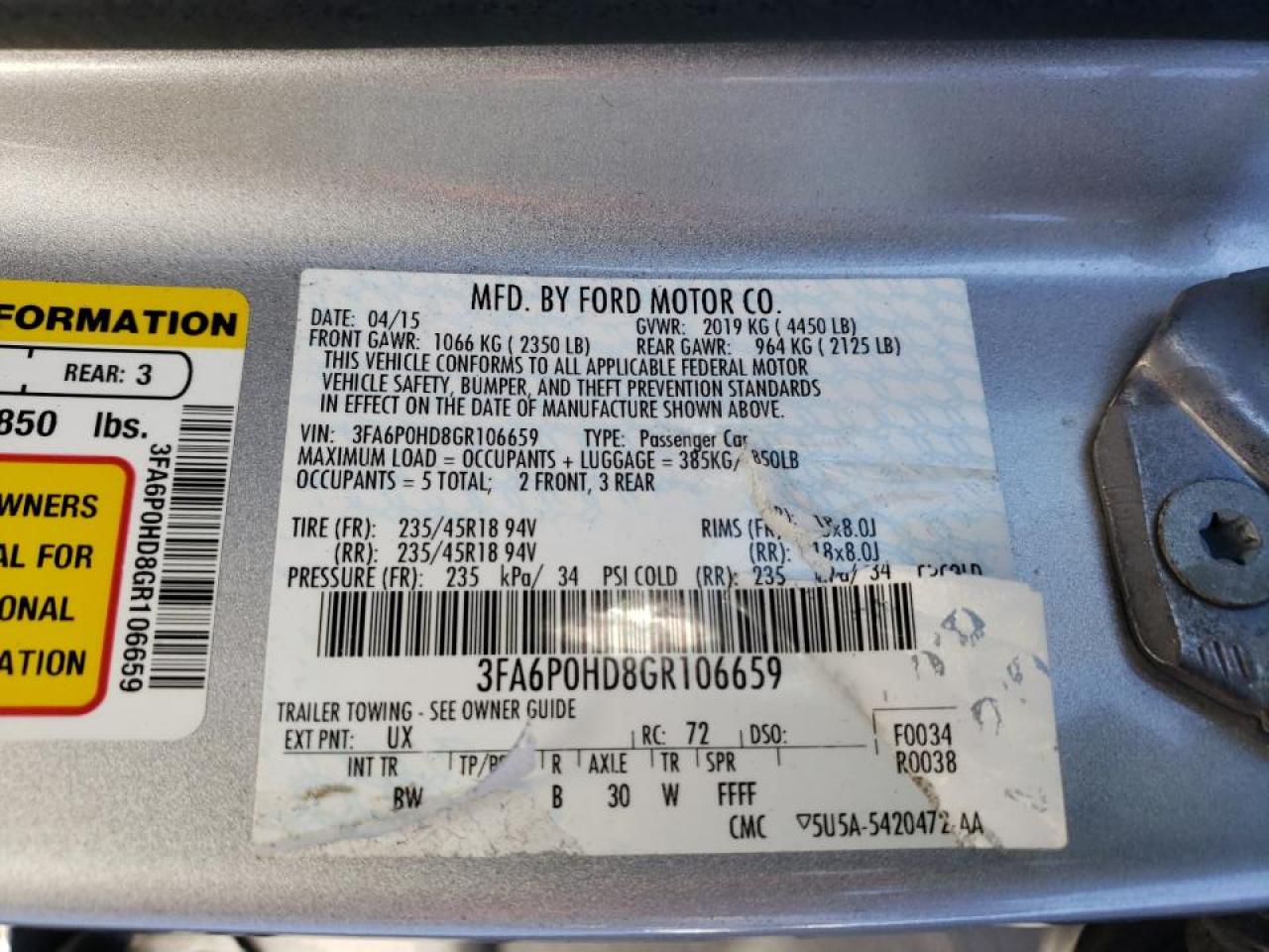 Photo 10 from auction – 2016 FORD FUSION SE with VIN 3FA6P0HD8GR106659