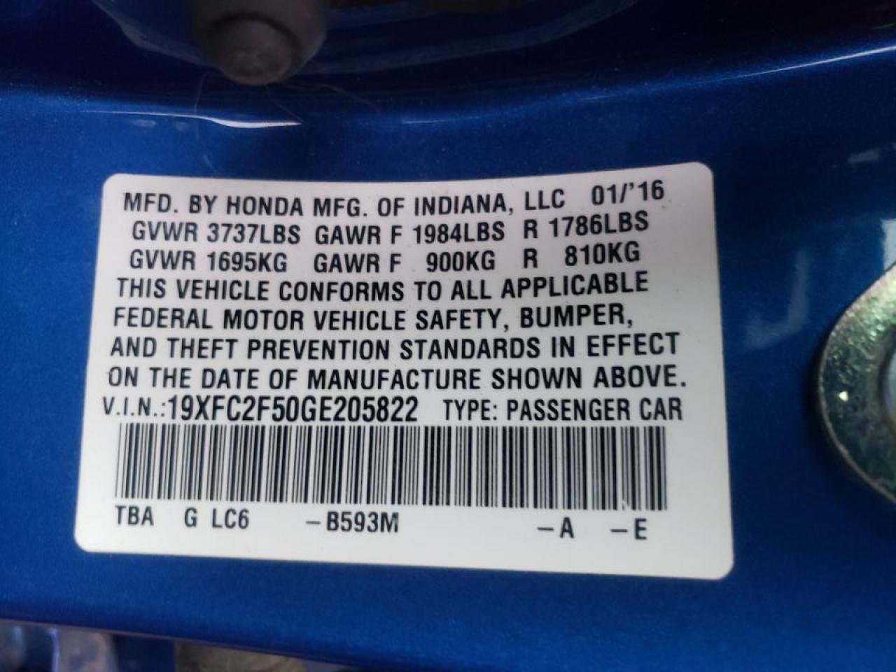 Photo 10 from auction – 2016 HONDA CIVIC LX with VIN 19XFC2F50GE205822