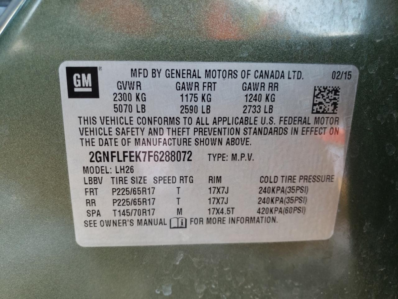 Photo 10 from auction – 2015 CHEVROLET EQUINOX LT with VIN 2GNFLFEK7F6288072