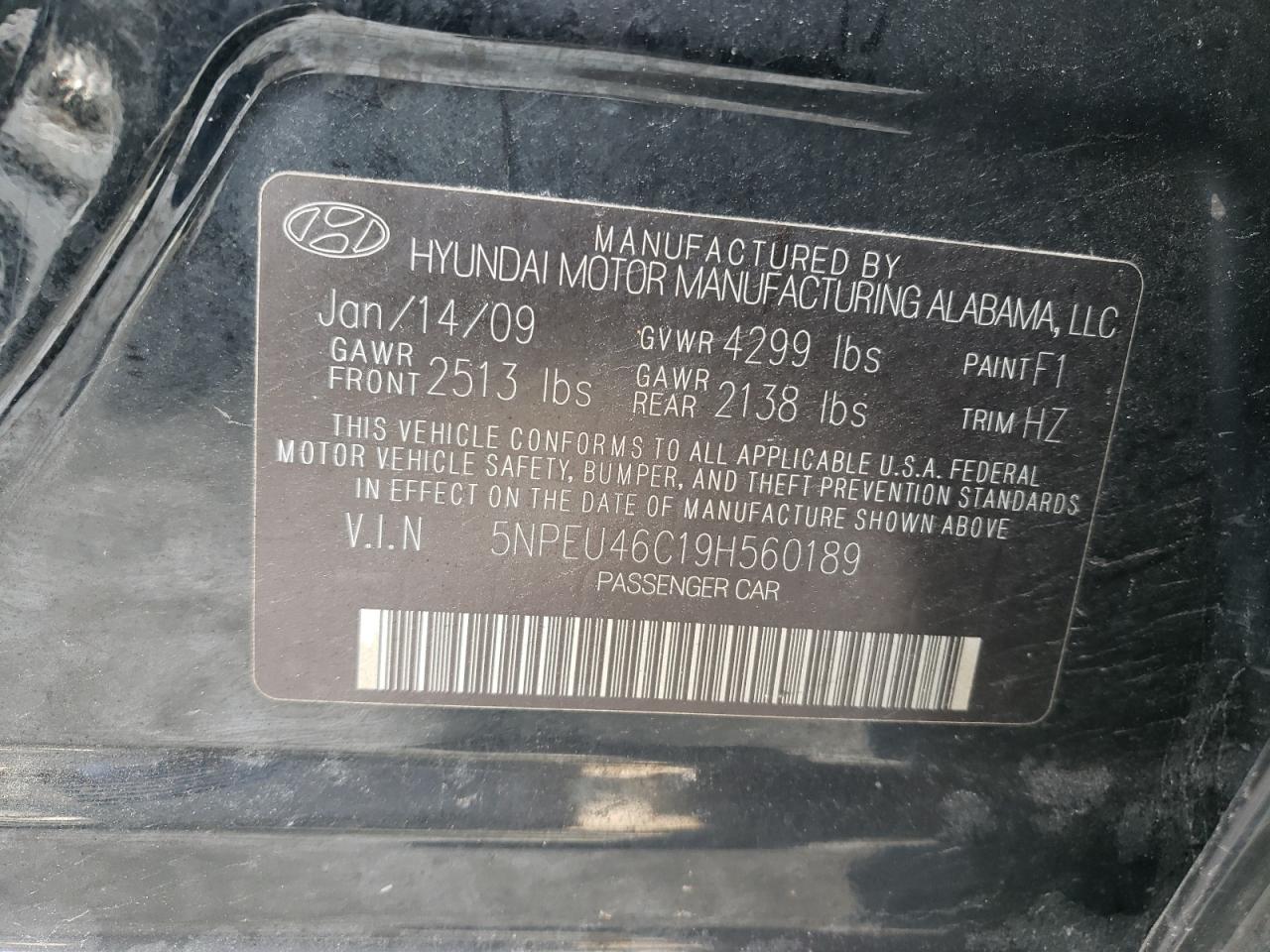 Photo 10 from auction – 2009 HYUNDAI SONATA SE with VIN 5NPEU46C19H560189