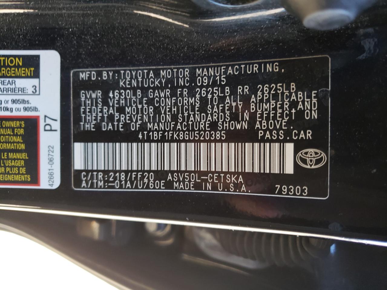Photo 10 from auction – 2016 TOYOTA CAMRY LE with VIN 4T1BF1FK8GU520385