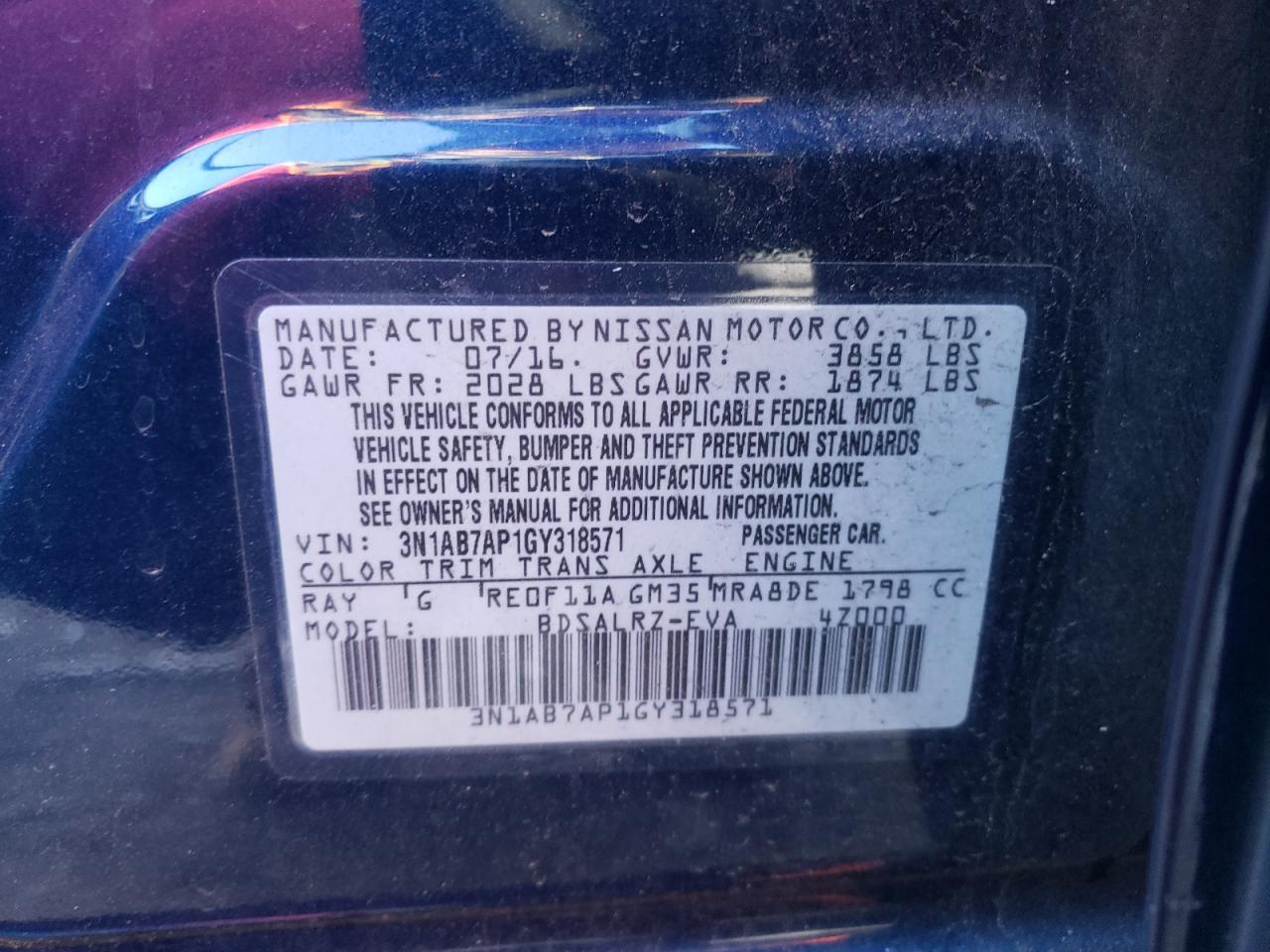 Photo 10 from auction – 2016 NISSAN SENTRA S with VIN 3N1AB7AP1GY318571