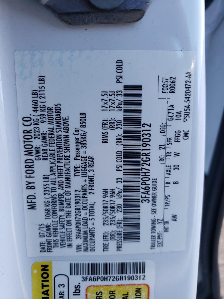Photo 10 from auction – 2016 FORD FUSION SE with VIN 3FA6P0H72GR190312