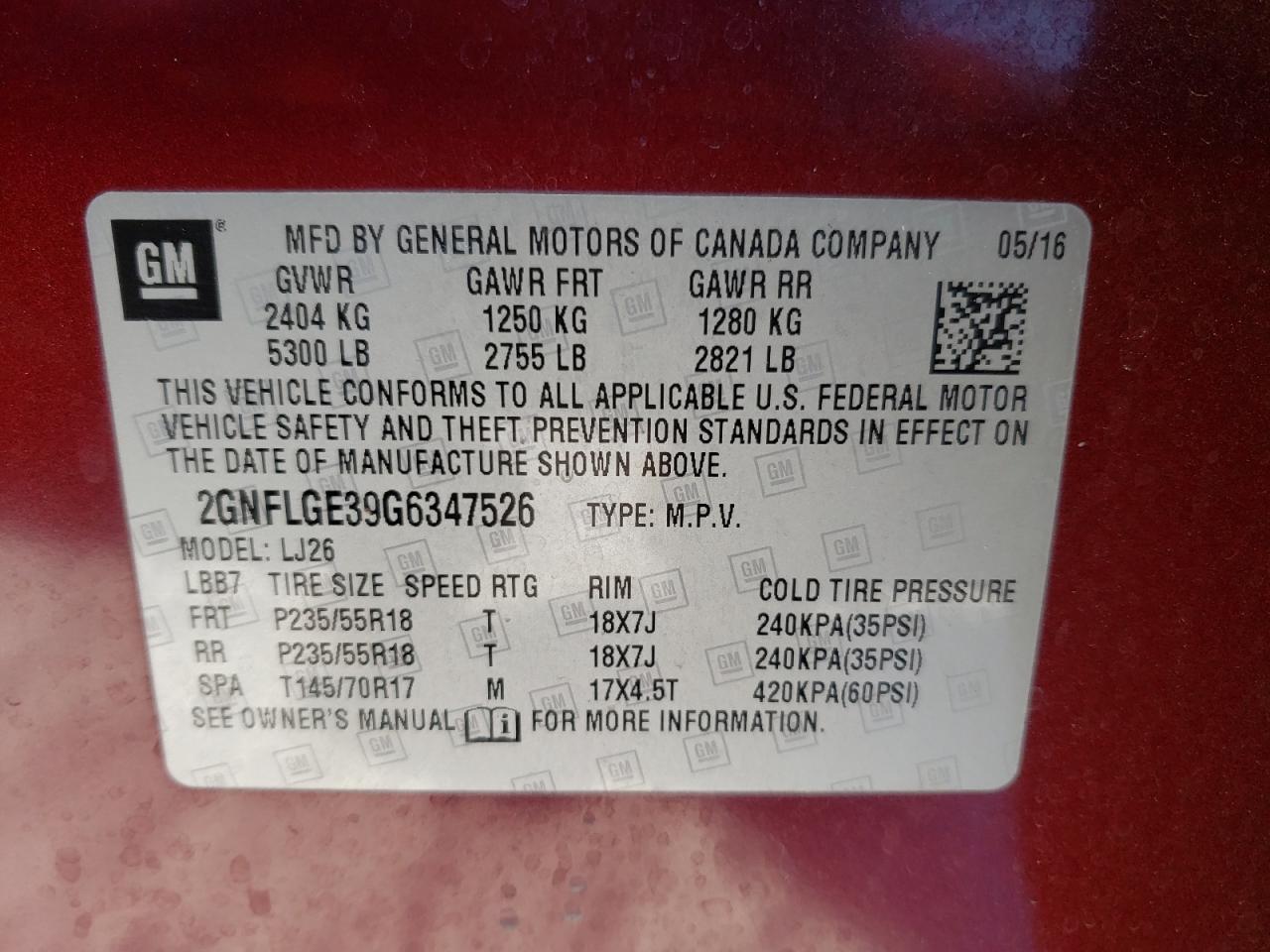 Photo 10 from auction – 2016 CHEVROLET EQUINOX LT with VIN 2GNFLGE39G6347526