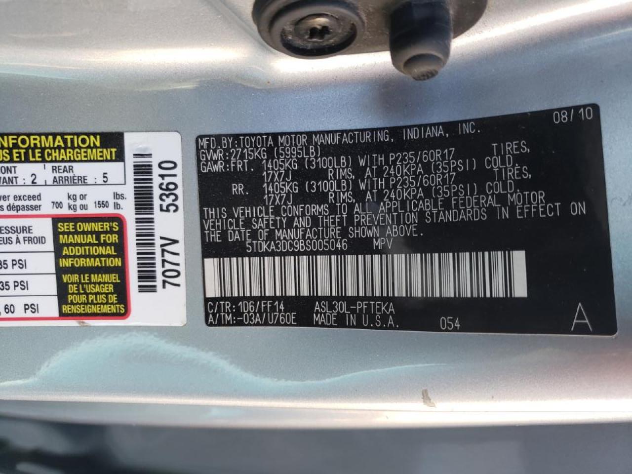 Photo 10 from auction – 2011 TOYOTA SIENNA BAS with VIN 5TDKA3DC9BS005046