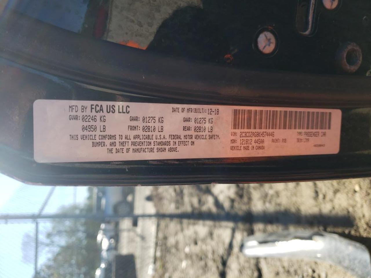 Photo 10 from auction – 2019 DODGE CHALLENGER with VIN 2C3CDZAG8KH574446