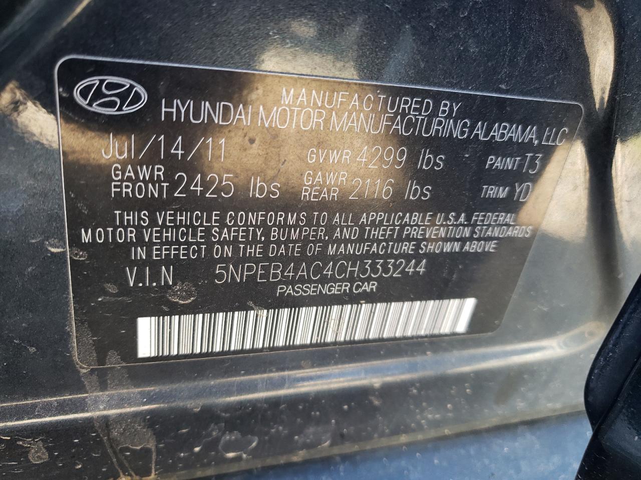 Photo 10 from auction – 2012 HYUNDAI SONATA GLS with VIN 5NPEB4AC4CH333244
