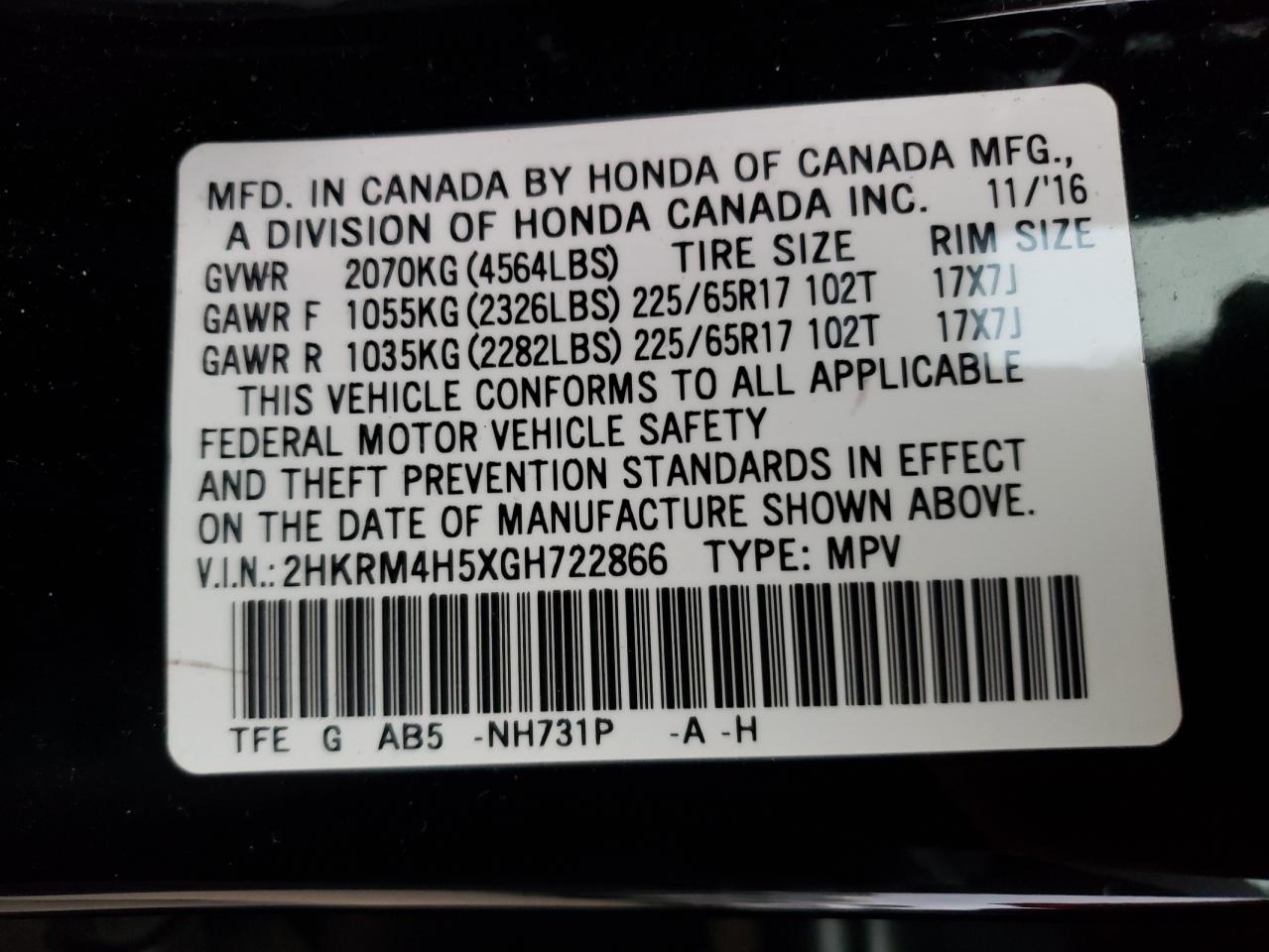 Photo 10 from auction – 2016 HONDA CR-V EX with VIN 2HKRM4H5XGH722866