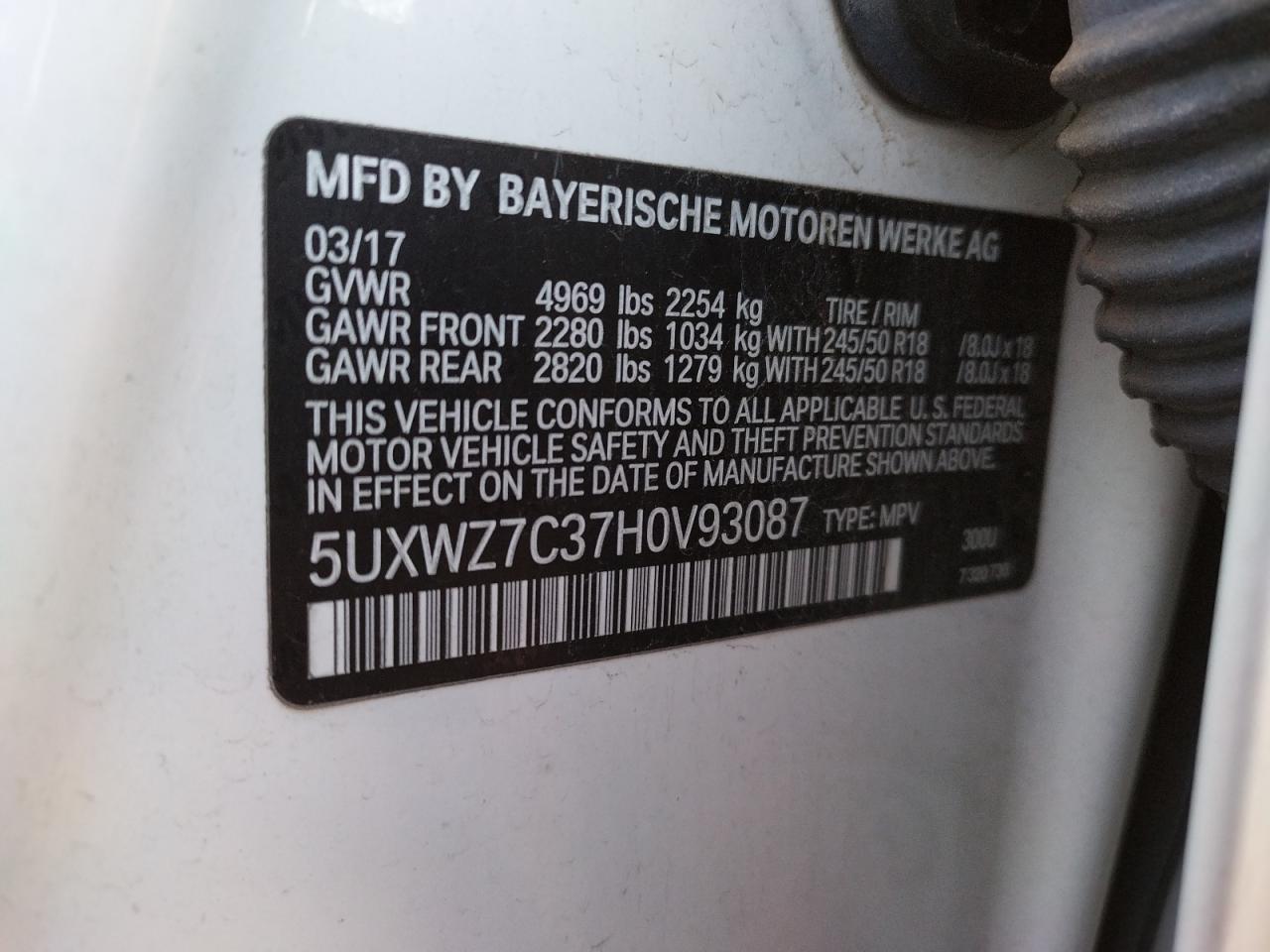 Photo 10 from auction – 2017 BMW X3 SDRIVE2 with VIN 5UXWZ7C37H0V93087