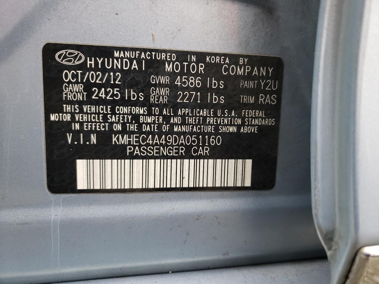 Photo 10 from auction – 2013 HYUNDAI SONATA HYB with VIN KMHEC4A49DA051160