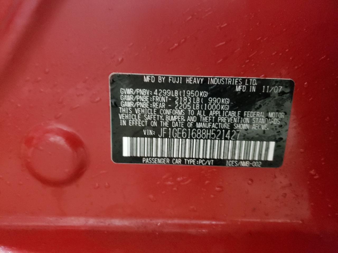 Zdjęcie 10 z aukcji – 2008 SUBARU IMPREZA 2. z VIN JF1GE61688H521427