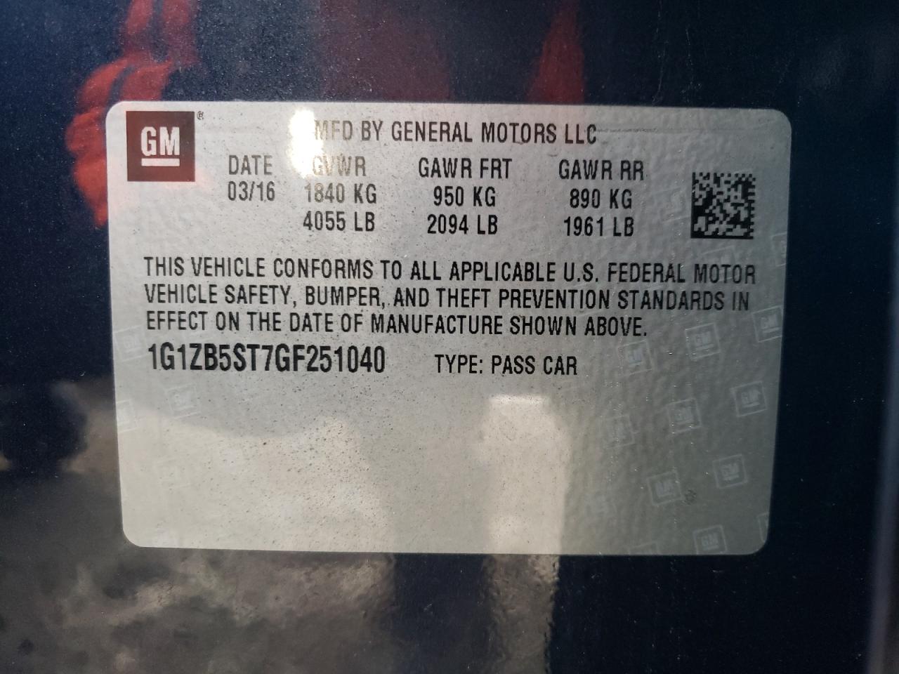 Photo 10 from auction – 2016 CHEVROLET MALIBU LS with VIN 1G1ZB5ST7GF251040