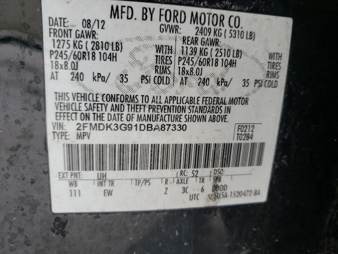 Photo 10 from auction – 2013 FORD EDGE SE with VIN 2FMDK3G91DBA87330