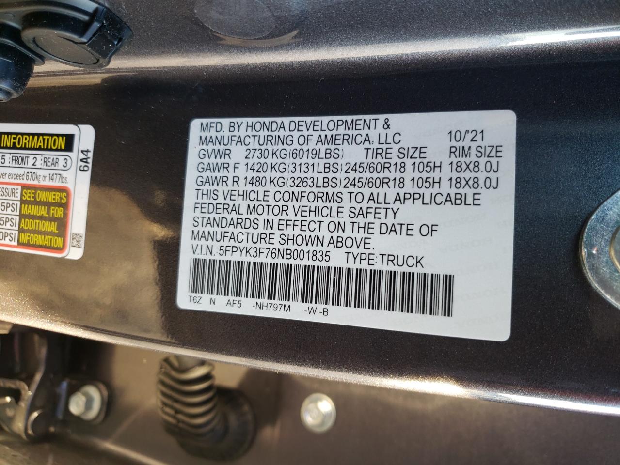 Photo 10 from auction – 2022 HONDA RIDGELINE with VIN 5FPYK3F76NB001835