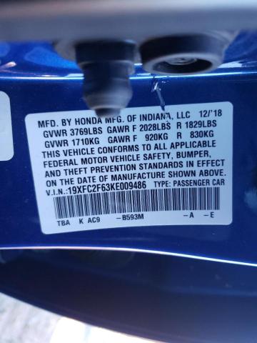 Photo 10 from auction – 2019 HONDA CIVIC LX with VIN 19XFC2F63KE009486