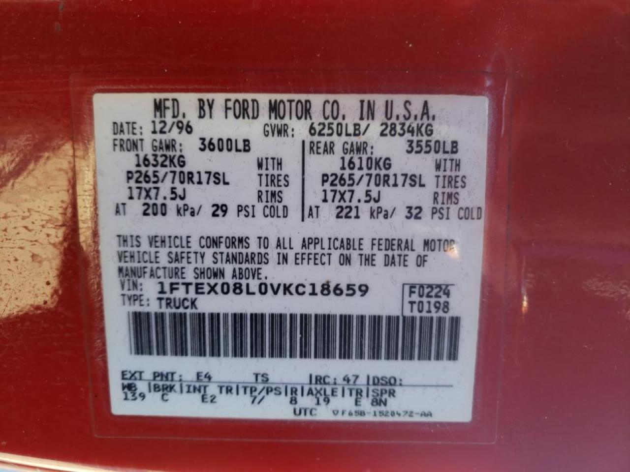 Photo 10 from auction – 1997 FORD F150 with VIN 1FTEX08L0VKC18659