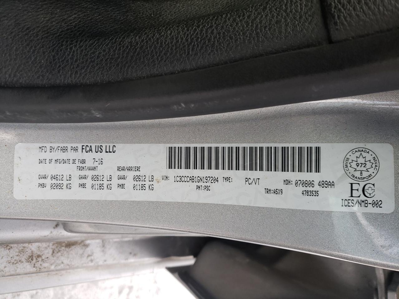 Photo 10 from auction – 2016 CHRYSLER 200 LIMITE with VIN 1C3CCCAB1GN197204