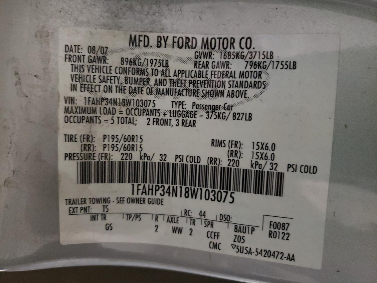 Photo 10 from auction – 2008 FORD FOCUS S/SE with VIN 1FAHP34N18W103075