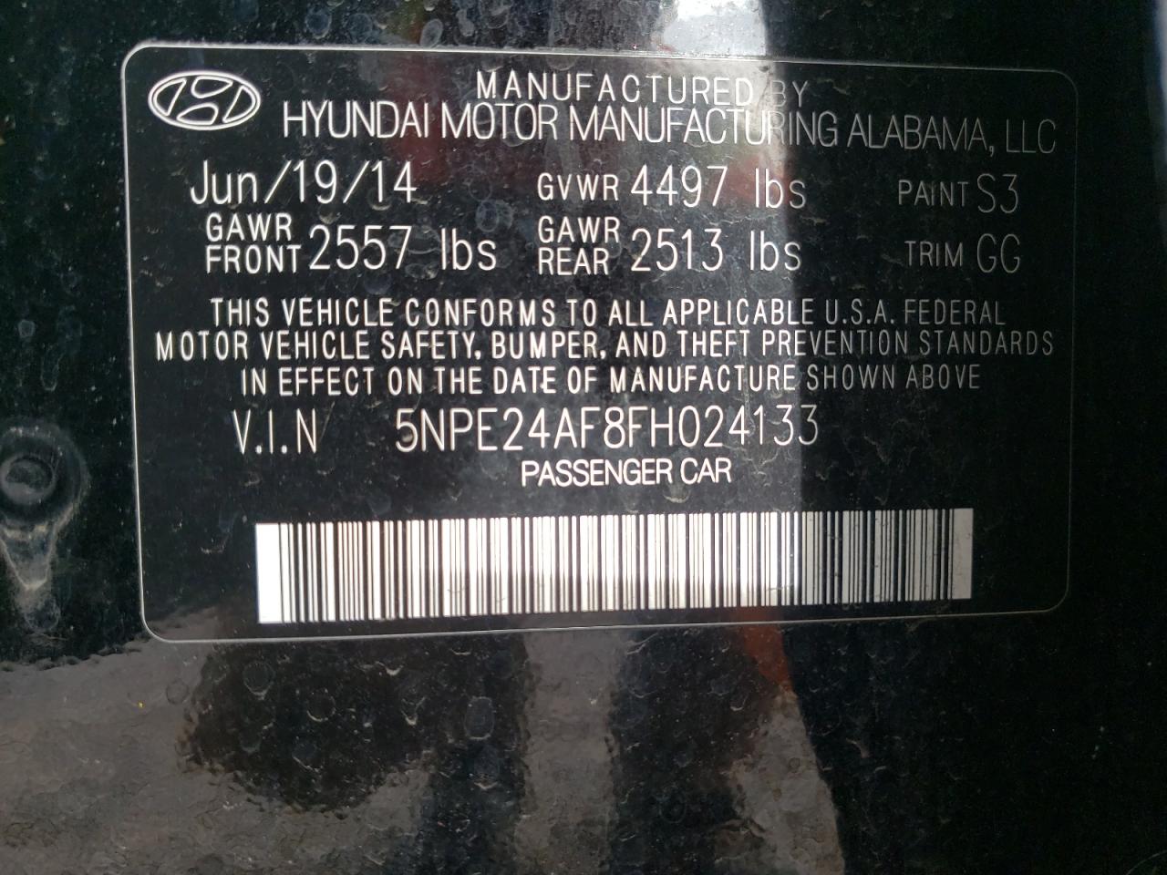 Photo 10 from auction – 2015 HYUNDAI SONATA SE with VIN 5NPE24AF8FH024133