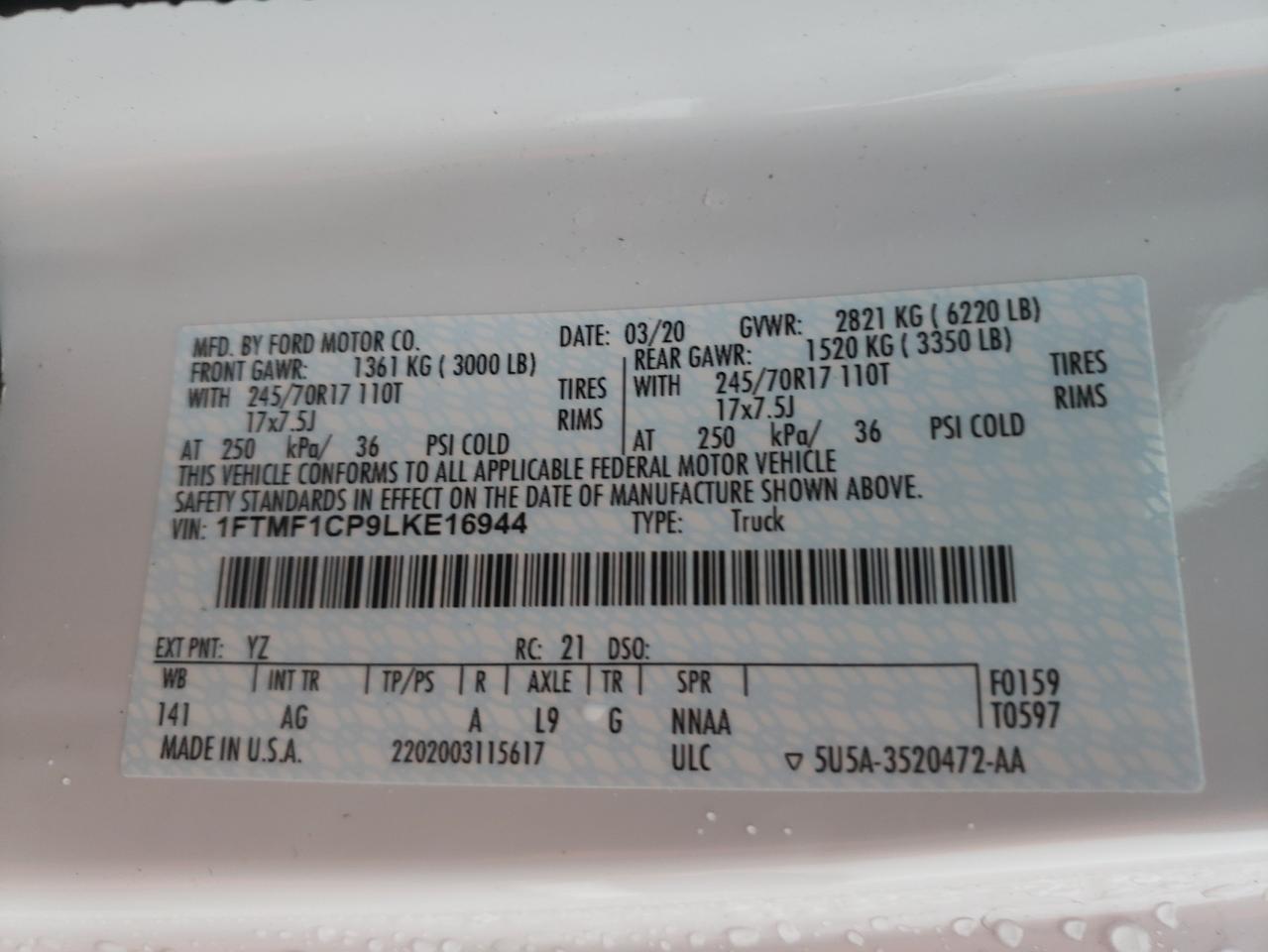 Photo 10 from auction – 2020 FORD F150 with VIN 1FTMF1CP9LKE16944