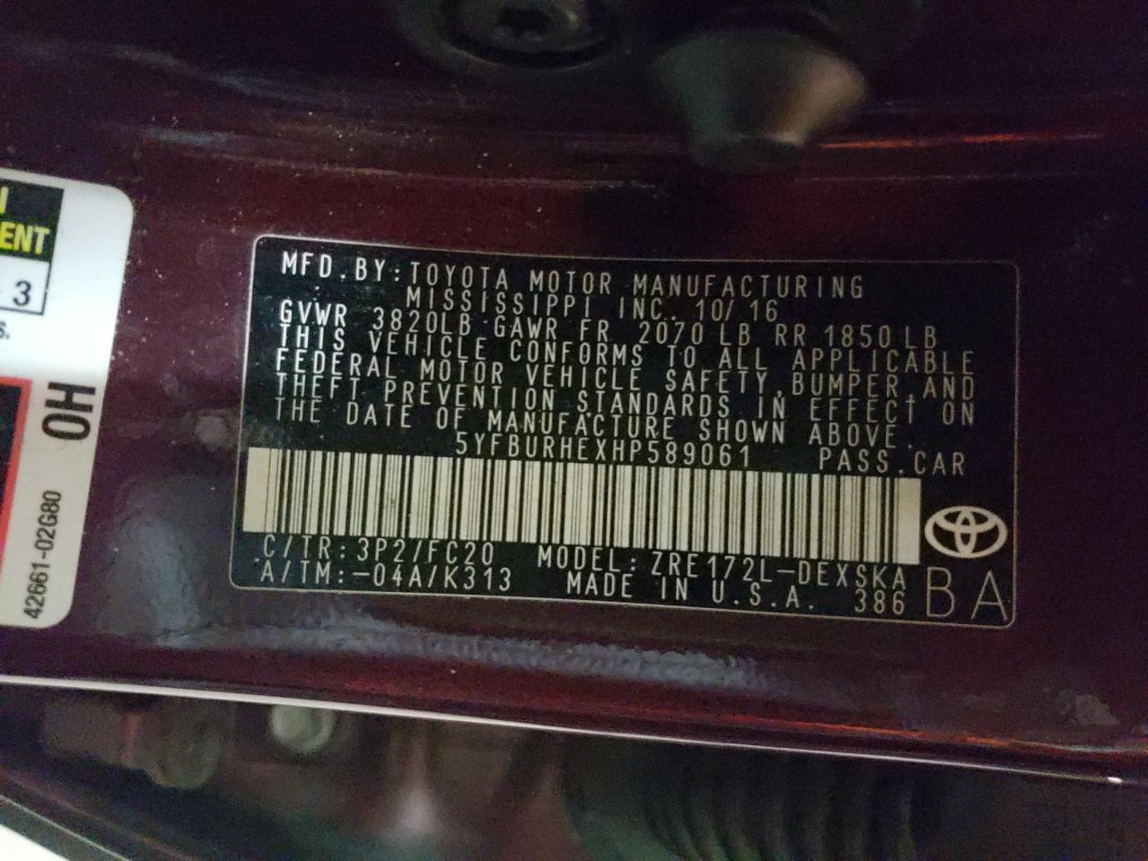 Photo 10 from auction – 2017 TOYOTA COROLLA L with VIN 5YFBURHEXHP589061