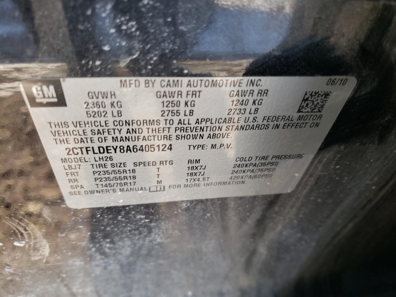 Photo 10 from auction – 2010 GMC TERRAIN SL with VIN 2CTFLDEY8A6405124