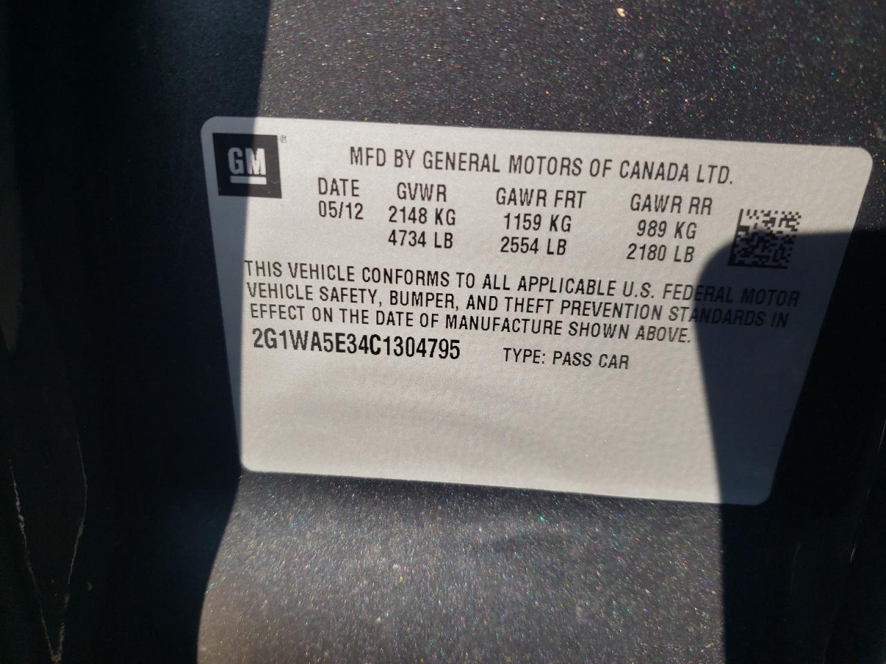 Photo 10 from auction – 2012 CHEVROLET IMPALA LS with VIN 2G1WA5E34C1304795