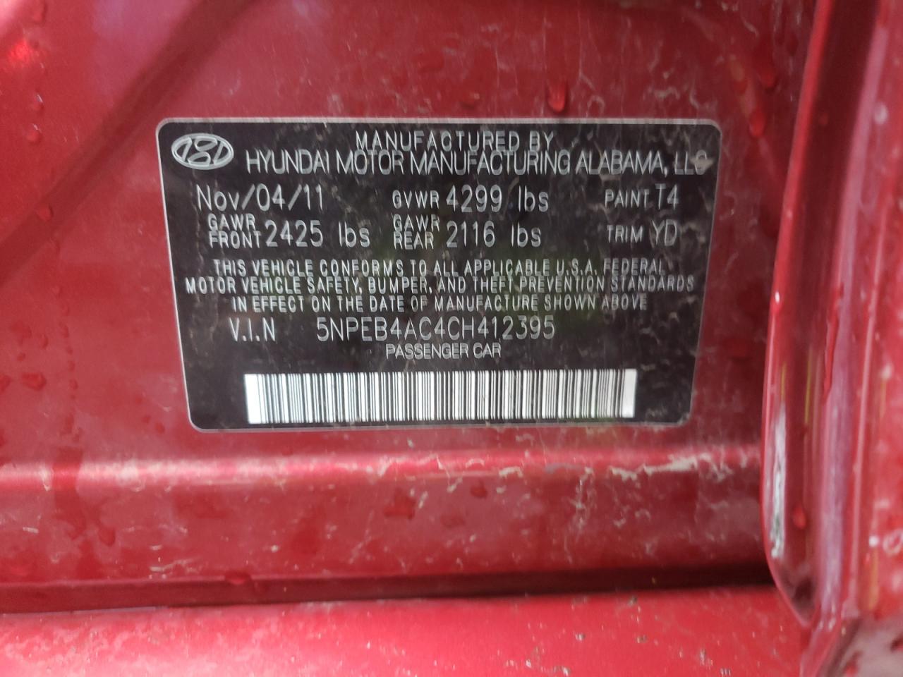 Photo 10 from auction – 2012 HYUNDAI SONATA GLS with VIN 5NPEB4AC4CH412395