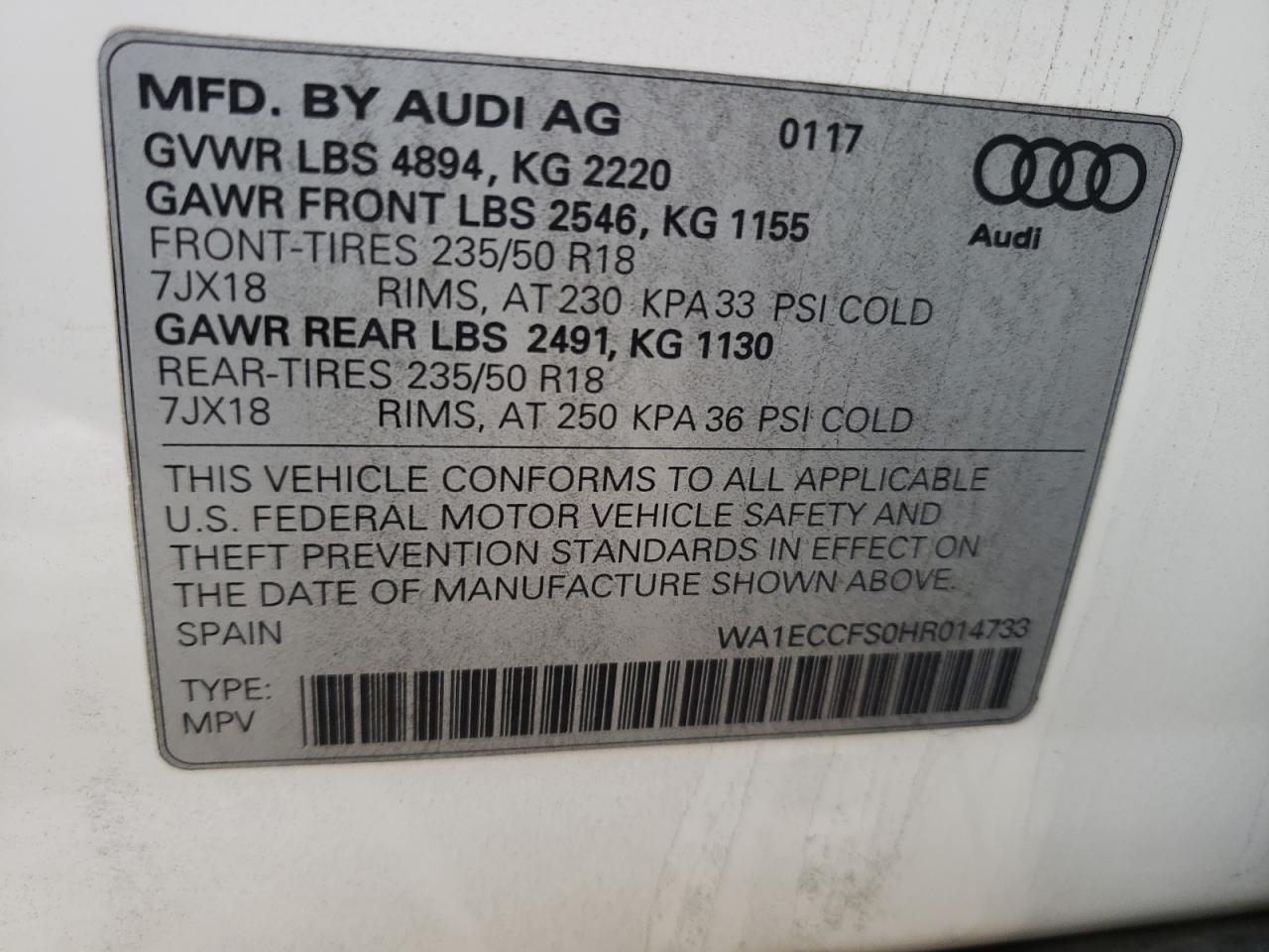 Photo 10 from auction – 2017 AUDI Q3 PREMIUM with VIN WA1ECCFS0HR014733